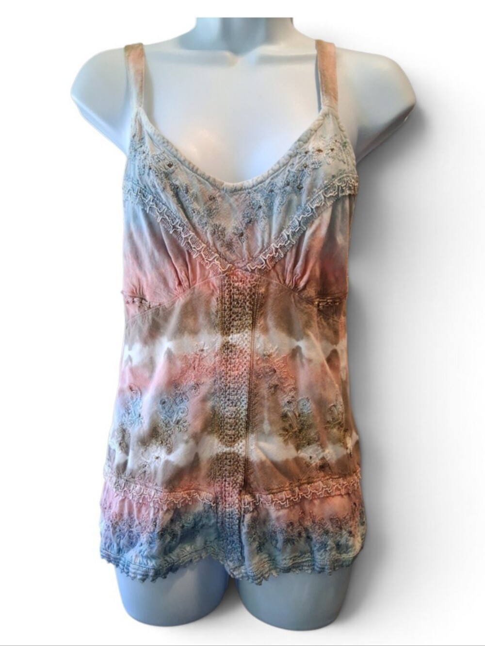 Lace-Trim Tie-Dye Cami Tank Top - Peach & Blue